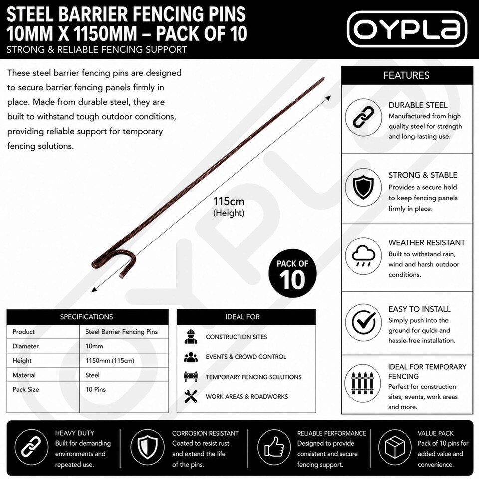 image 1 of Steel Barrier Fencing Pins 10mm x 1150mm Pack Of 10
