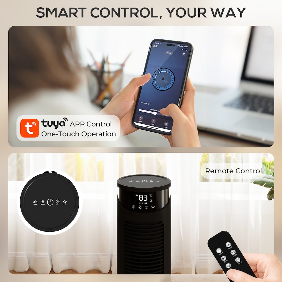 image 1 of HOMCOM Tower Fan with WiFi Control 116 cm | Black | Black | 31.5 x 31.5 x 116 cm