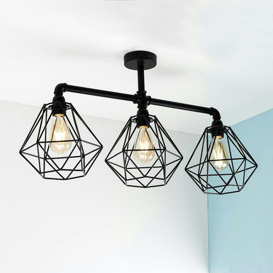 image 1 of ValueLights Industrial Satin Black 3 Way Bar Pipework Ceiling Light | Black