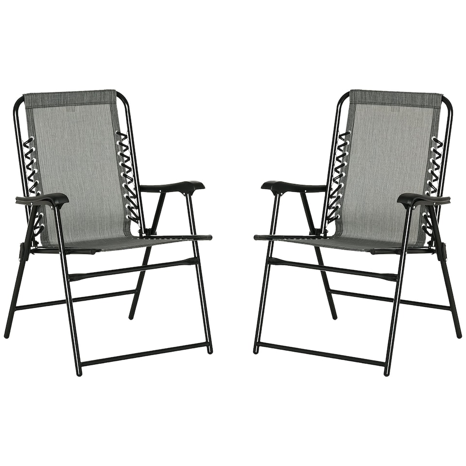 image 1 of Outsunny Set of 2 Patio Folding Chair Set, Garden Portable Outdoor Chairs with Armrest and Breathable Mesh Fabric Seat and Backrest, for Camping, Beach, Deck, Lawn, Grey