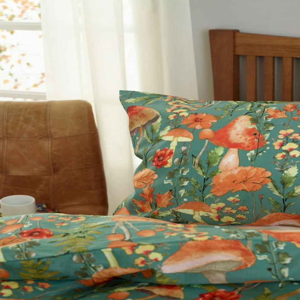 image 1 of Woodland Mushrooms Sage Duvet Cover Set – Cotton Rich Soft & Breathable Easycare Bedding | Green | Sage | Double