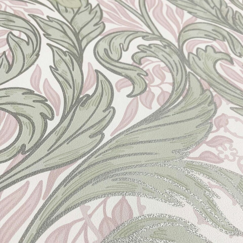 image 1 of Muriva Vale Leaf Textured Wallpaper - Green/Pink - 10m x 0.5m Green