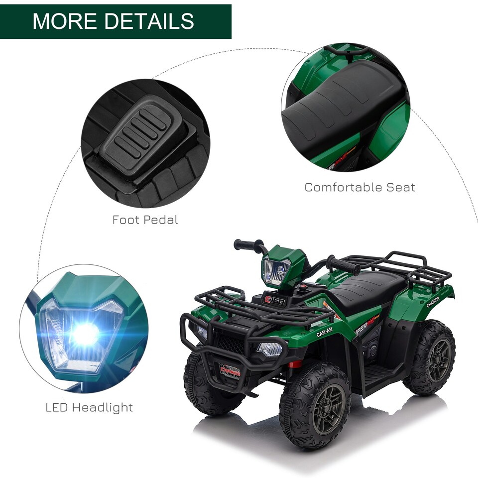 image 1 of HOMCOM 12V Electric Quad Bike for Kids w/ LED Headlights, Music - Green