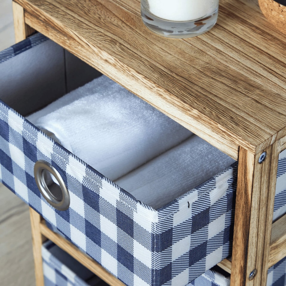 image 1 of Wooden Chest Of Storage Drawers Plaid Fabric Bedroom Organiser Coastal Style | Brown