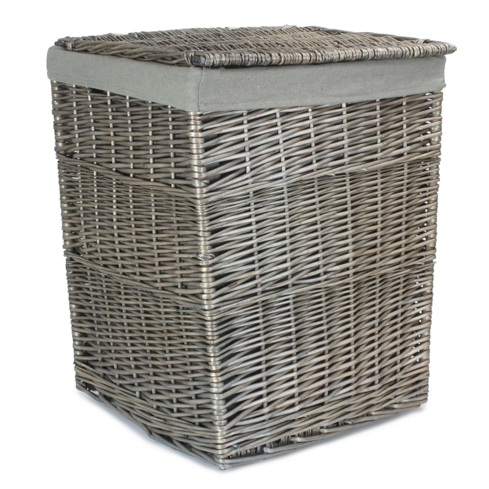 image 1 of Large Antique Wash Square Laundry Basket with Grey Sage Lining | Grey | Grey
