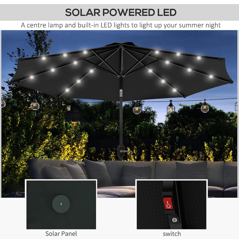 image 1 of Outsunny 2.7m Patio Garden Umbrella Outdoor Parasol Outdoor Market Table Umbrella with Tilt Crank and 24 LEDs Lights Black
