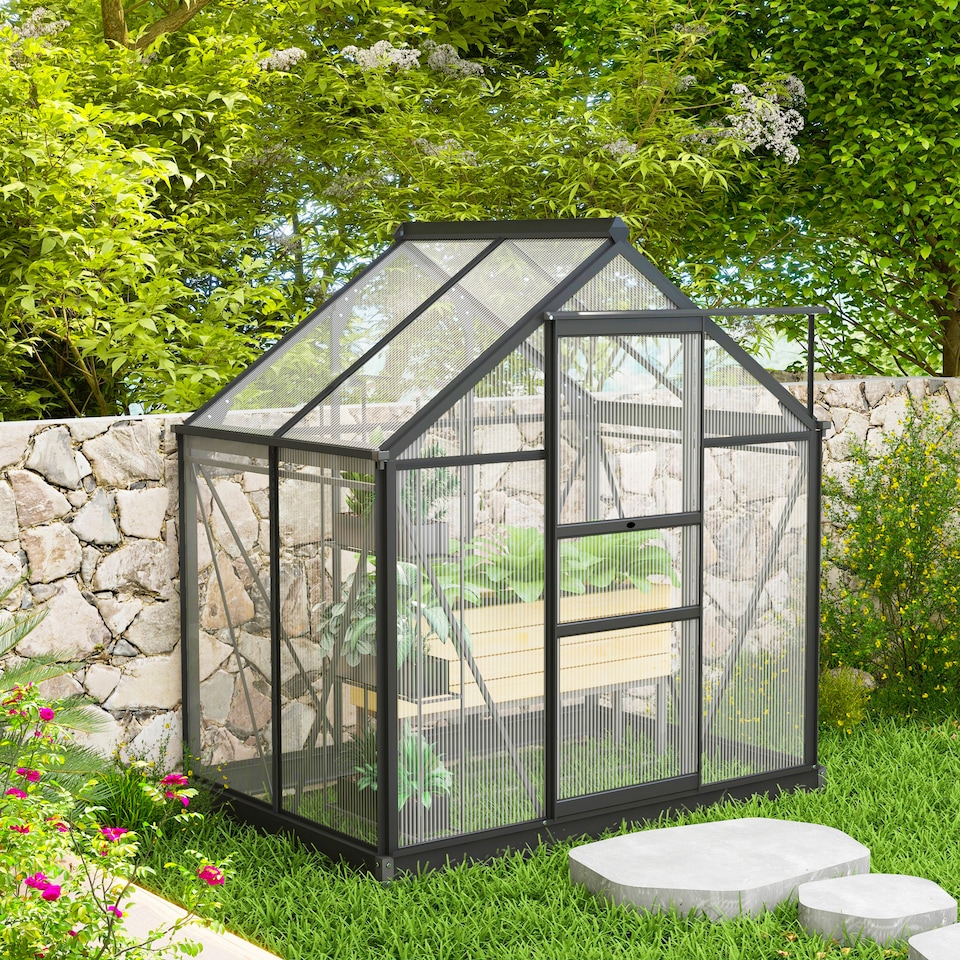 image 1 of Outsunny 6x4ft Walk-In Polycarbonate Greenhouse Plant Grow Galvanized