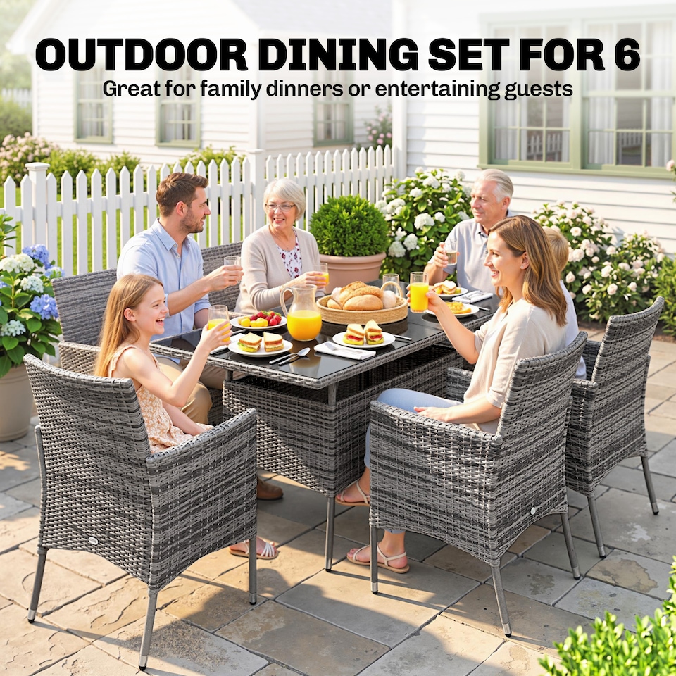 image 1 of Outsunny Rattan Dining Set for 6 with Cushions, Glass Top Table, Grey