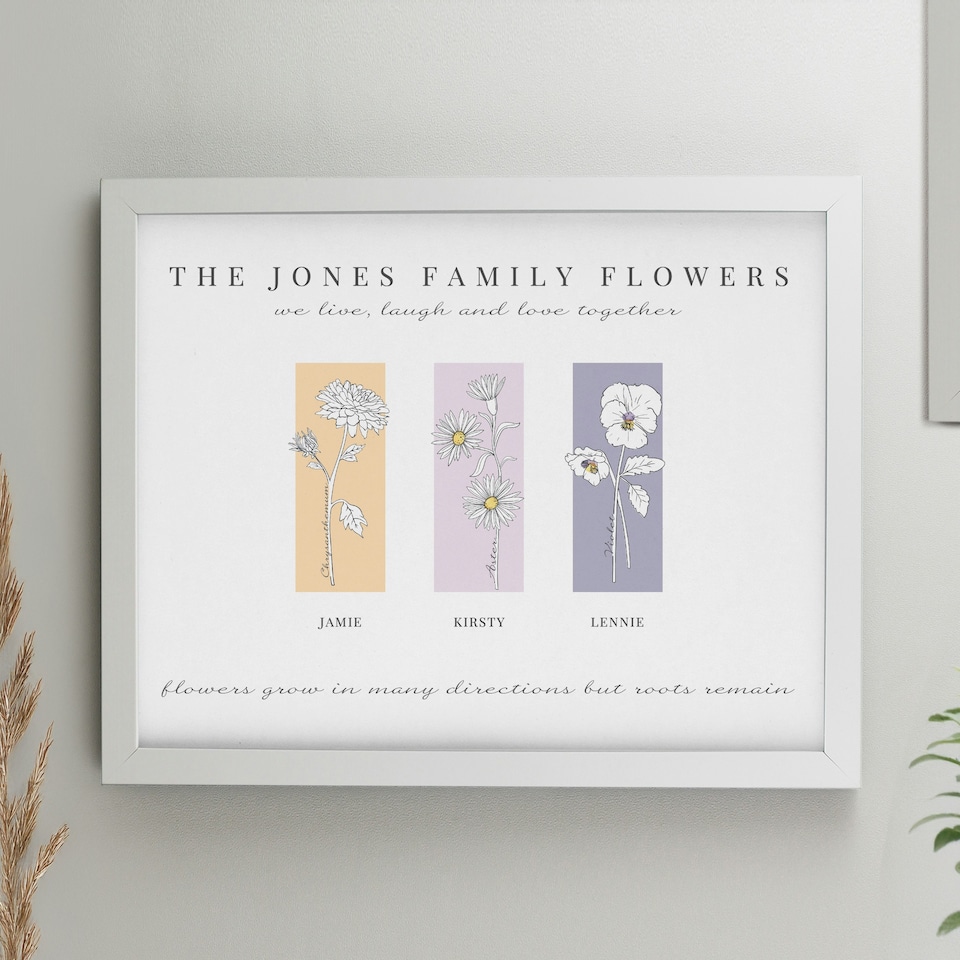 image 1 of Personalised Birth Flower Family of 3 White Framed Print | White | One Size