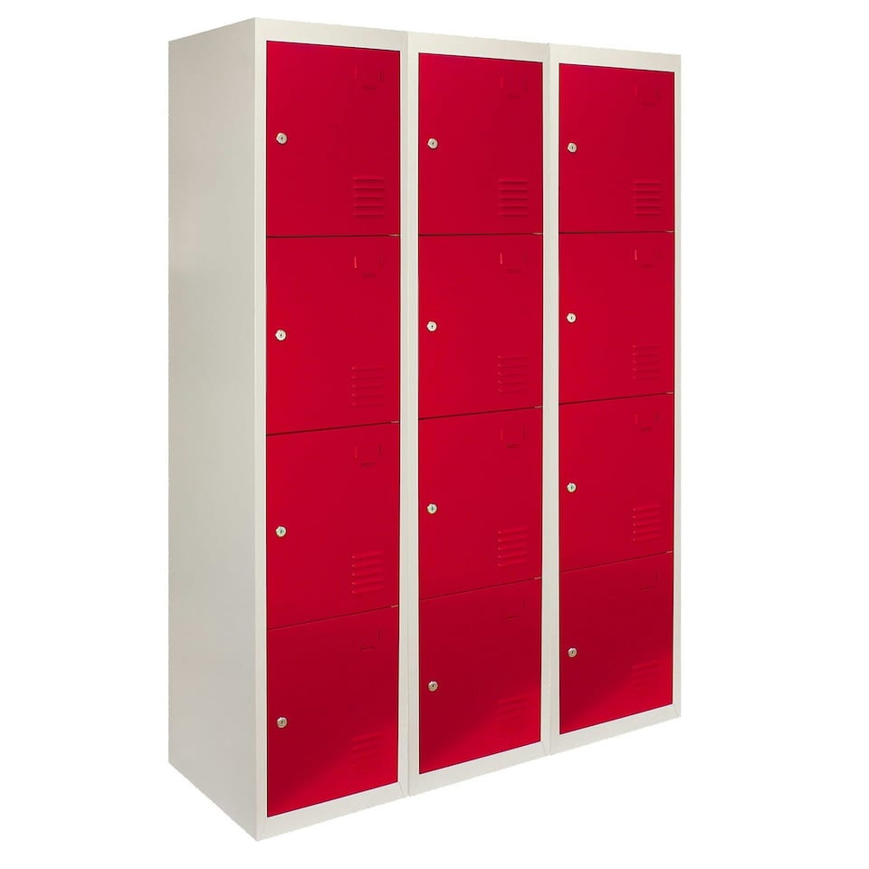 image 1 of 3 x Metal Storage Lockers - Four Doors, Red - Flatpack Red