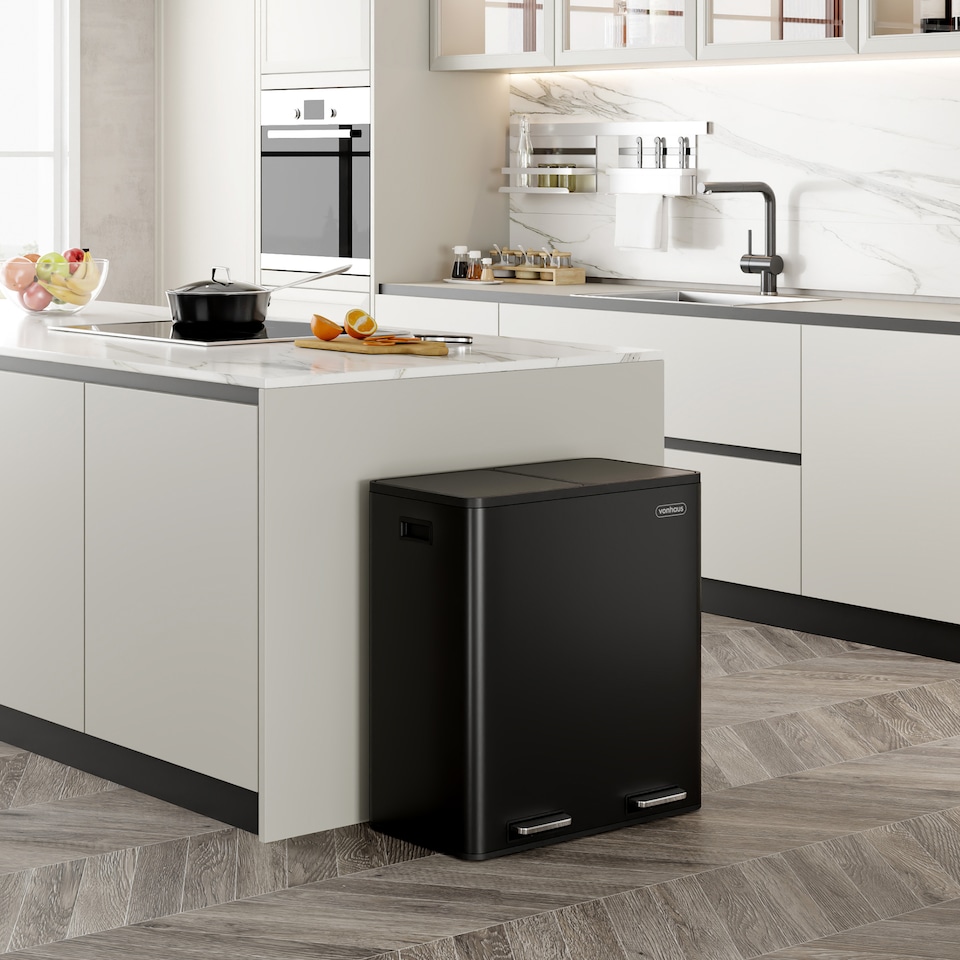 image 1 of VonHaus 60L Black Kitchen Bin, Large 2 Compartment Recycling Bin (2 x 30L) Black