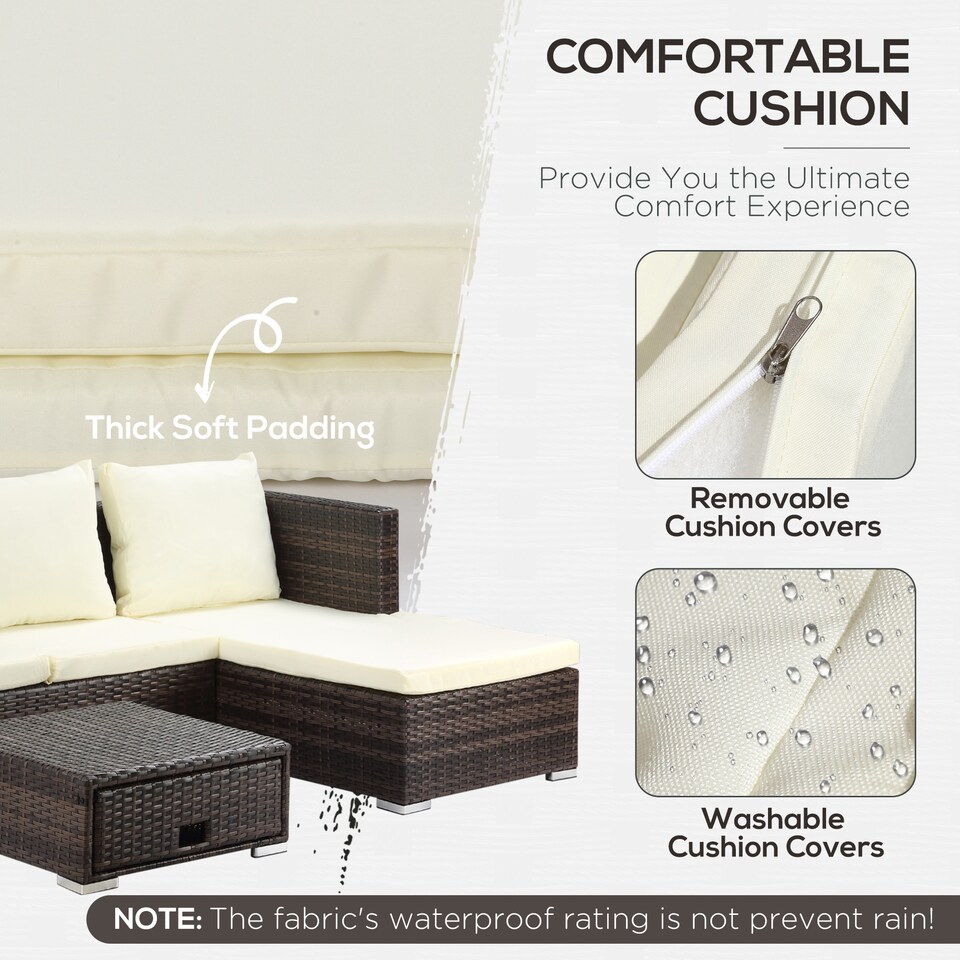 image 1 of Outsunny 3 Pieces Rattan Garden Furniture Sofa Set, 4 Seater Garden Corner Sofa with 5-Level Reclining Sun Lounger and Storage Coffee Table, Outdoor Furniture Conservatory Set with Cushions, Brown