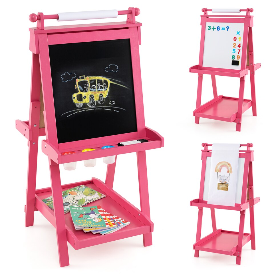 image 1 of COSTWAY Foldable Easel Kids 3-in-1 Double-sided Art Easel w/Chalkboard-Pink