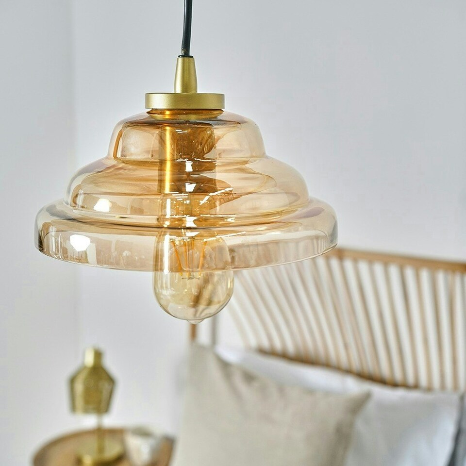 image 1 of ValueLights Antique Brass Pendant Ceiling Light with Rippled Amber Glass Shade