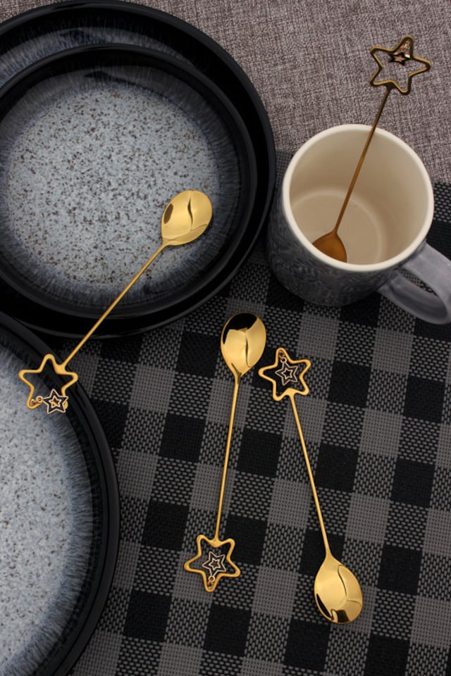 image 1 of Glim Glam Tea Spoons Set 18/8 Stainless Steel 4pc Teaspoon Set Gold Star Christmas Gift | Gold