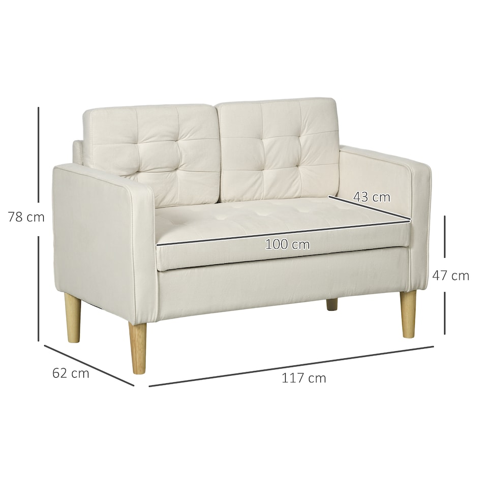 image 1 of HOMCOM Modern 2 Seater Sofa with Hidden Storage, 117cm Tufted Cotton Couch with Wood Legs, Compact Loveseat for Living Room, Kitchen, Cream White