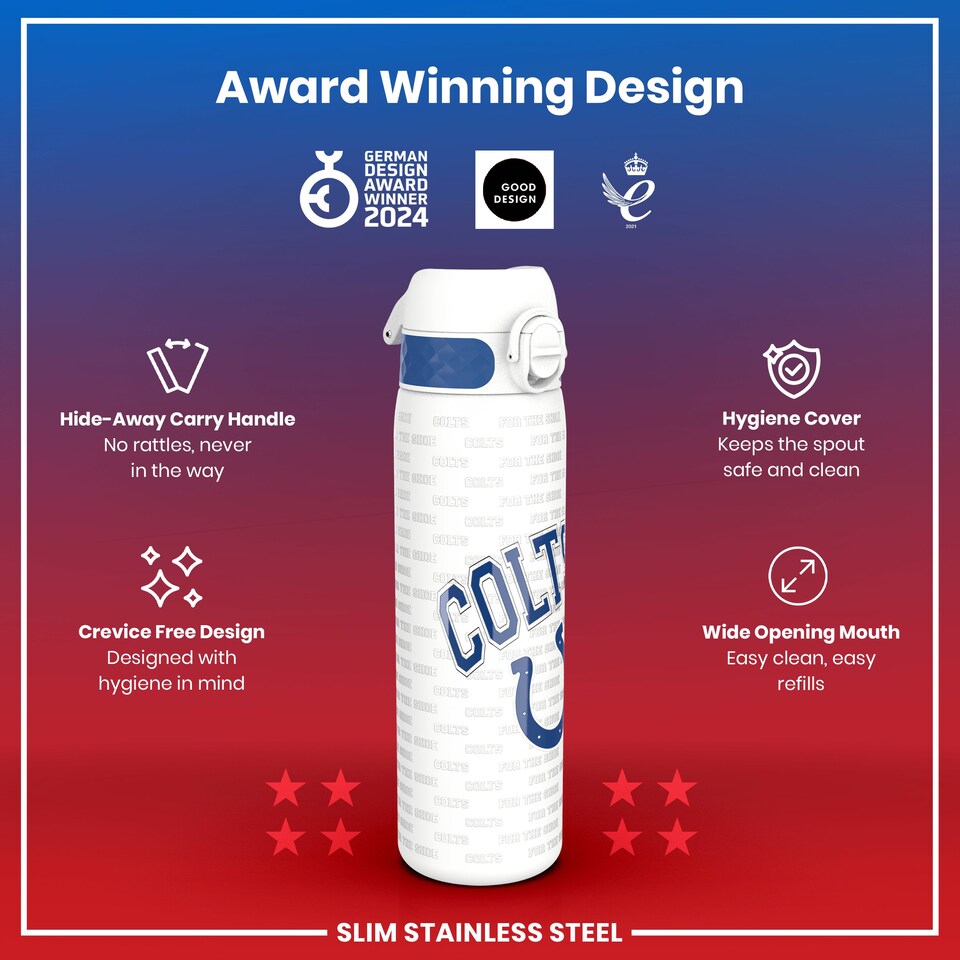 image 1 of Leak Proof Slim Water Bottle, Stainless Steel, NFL, 600ml (20oz) | White | NFL Colts | One Size