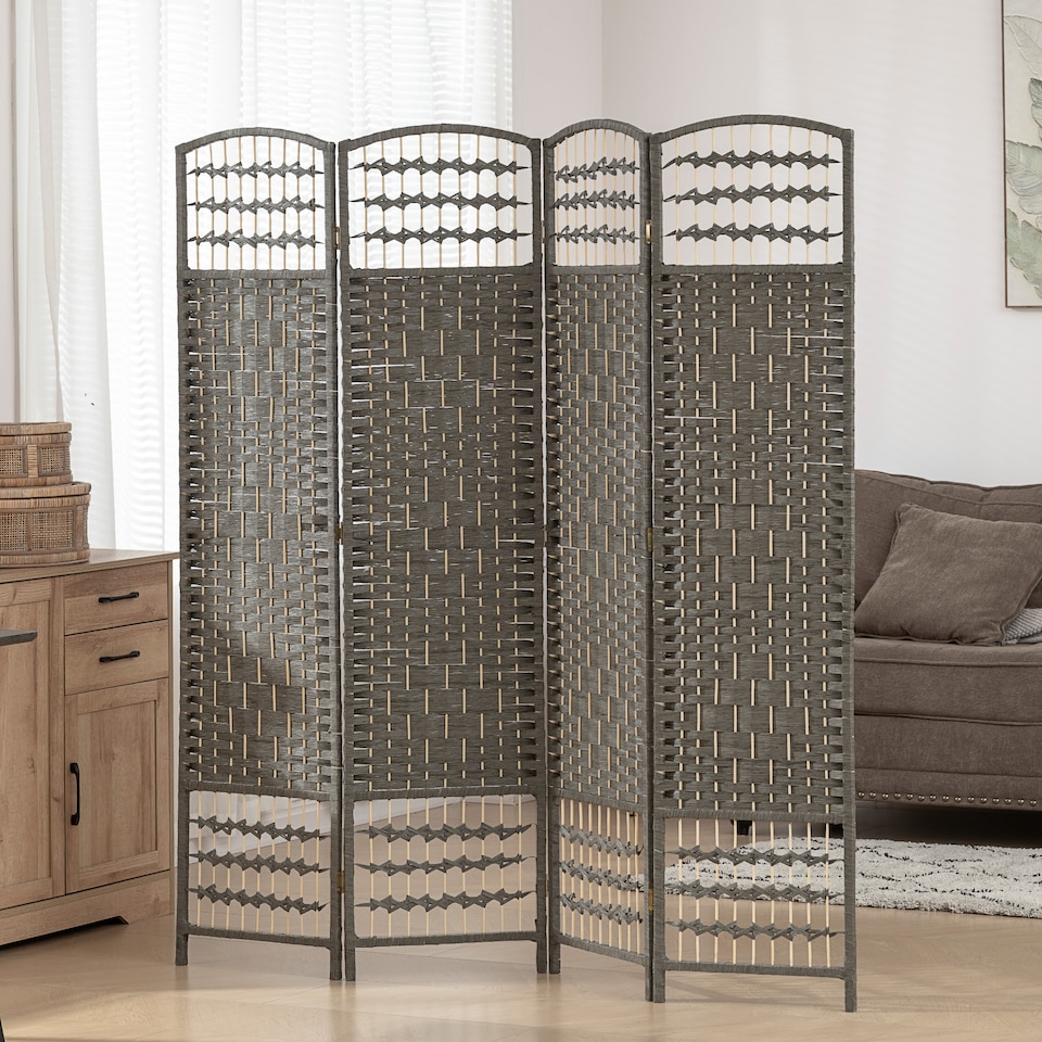 image 1 of HOMCOM 4 Panel Folding Privacy Screen with Pine Wood Frame, Dark Grey