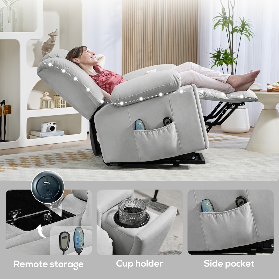 image 1 of HOMCOM Power Lift Recliner Chair with Vibration Massage and Heat, Electric Lift Chair for Elderly, Overstuffed Fabric Riser and Reclining Armchair with USB Ports, Cup Holders, Light Grey