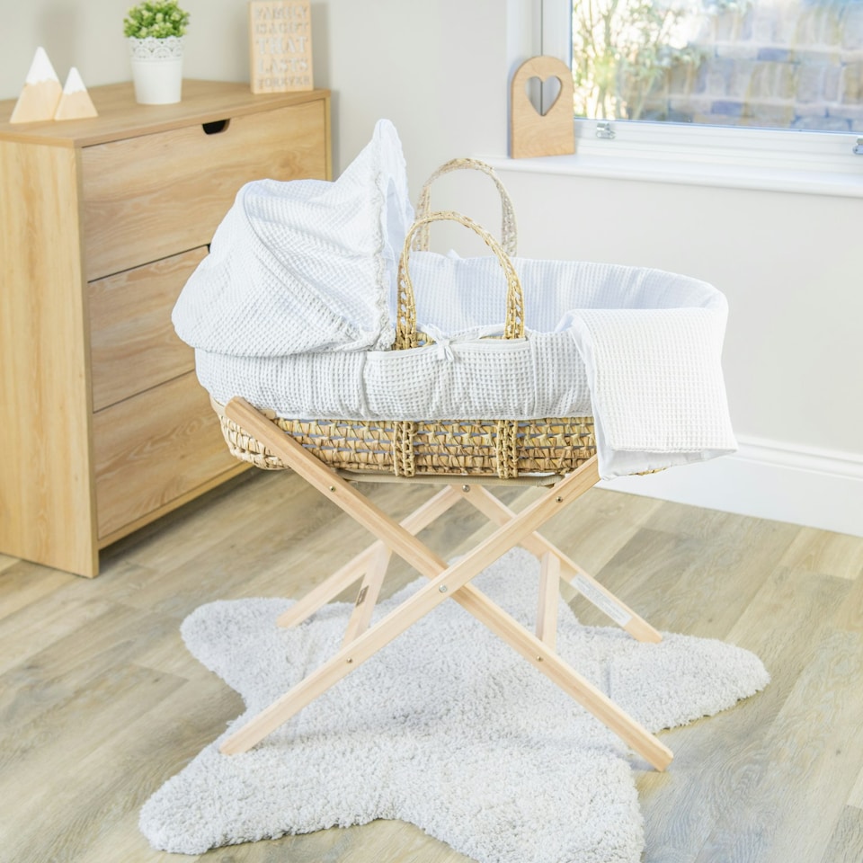 image 1 of Clair de Lune Waffle Palm Moses Basket With Folding Stand - White