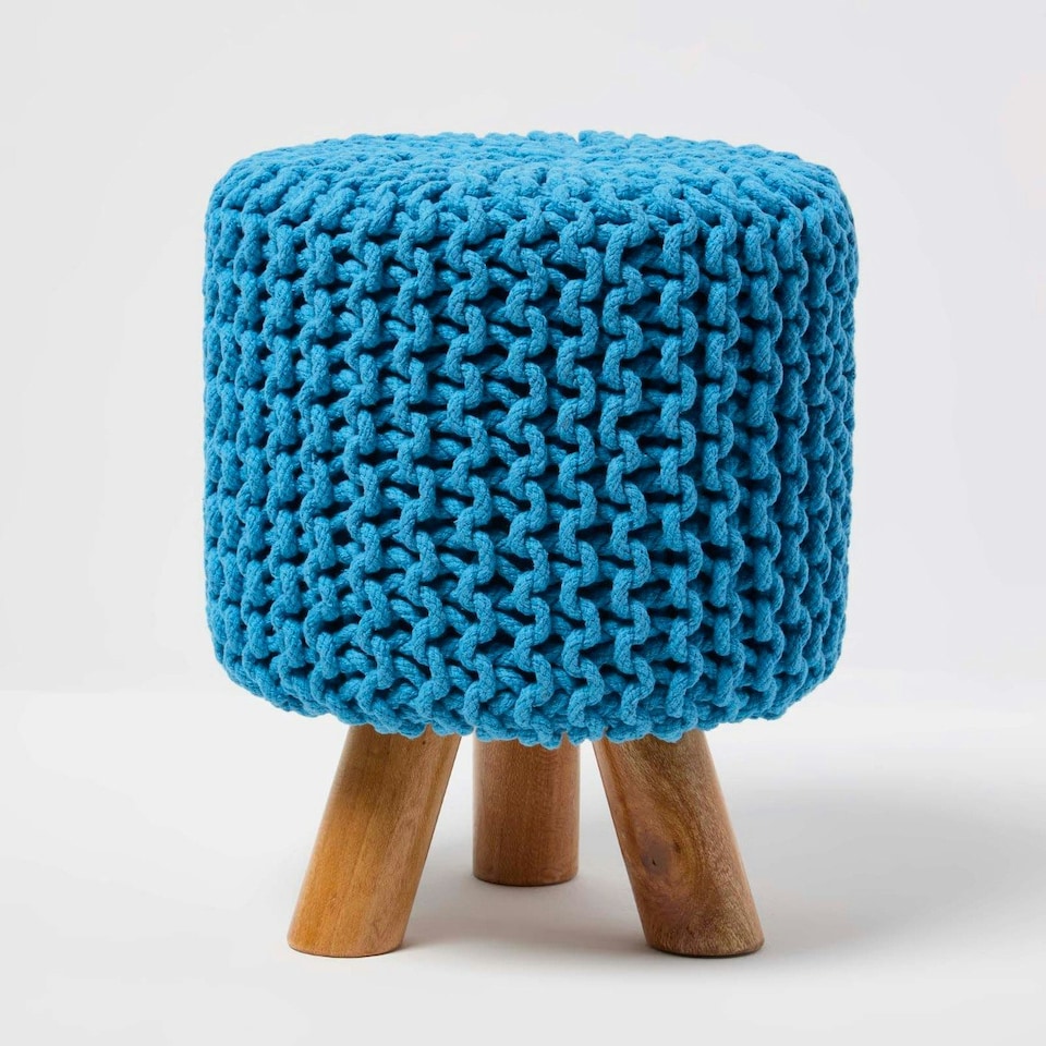 image 1 of Homescapes Teal Blue Tall Cotton Knitted Footstool on Legs