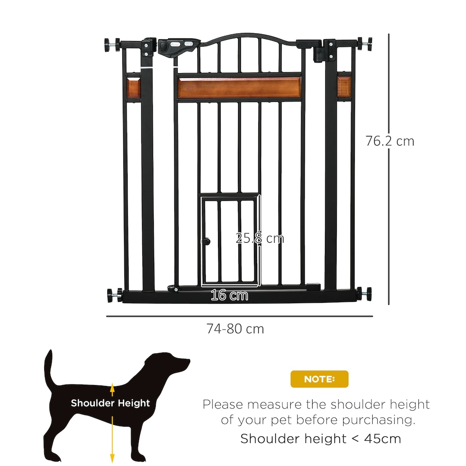 image 1 of PawHut Dog Gate Pet Safety Gate W/ Cat Door Auto Close Pine Decor 74-80 cm Wide