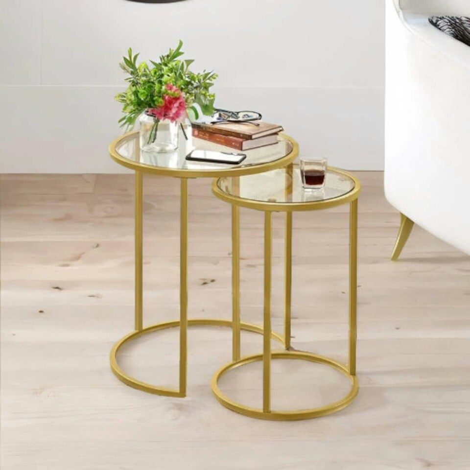 image 1 of Set Of 2 Round Gold Nesting Tables With Tempered Glass | Gold