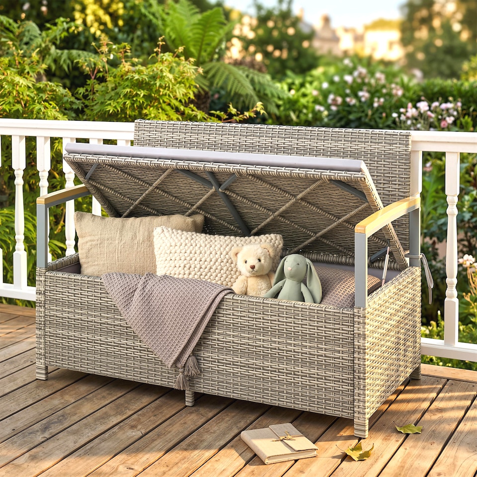 image 1 of Outsunny 170 L Rattan Garden Storage Bench with Cushion, Light Grey