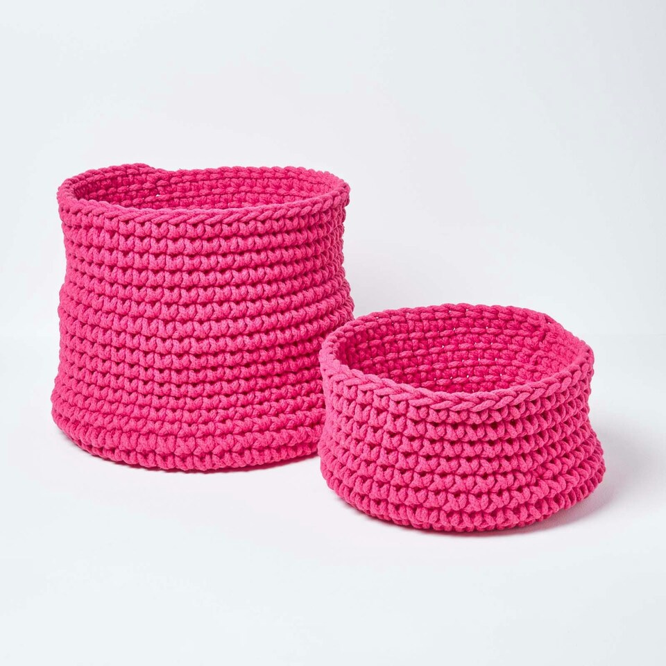 image 1 of Homescapes Hot Pink Cotton Knitted Round Storage Basket - 37 x 21 cm Pink | M