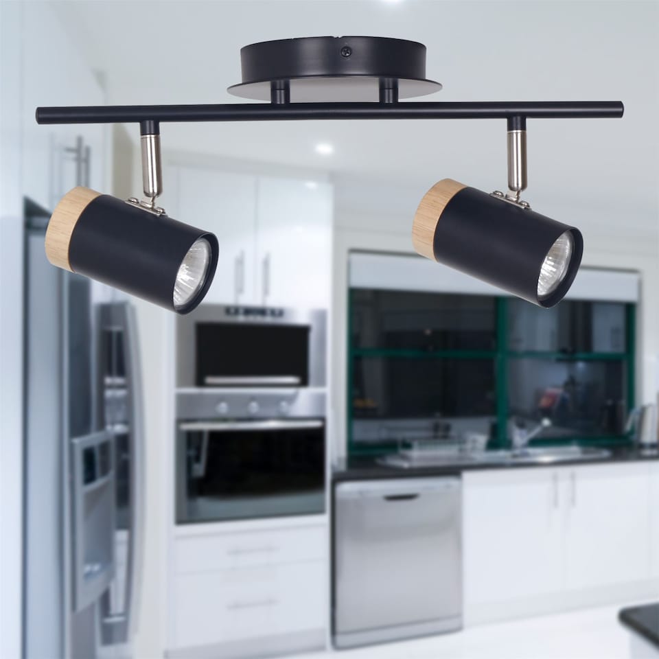 image 1 of Set of 2 Stratton - Black with Wood Detail Two Way Spotlights