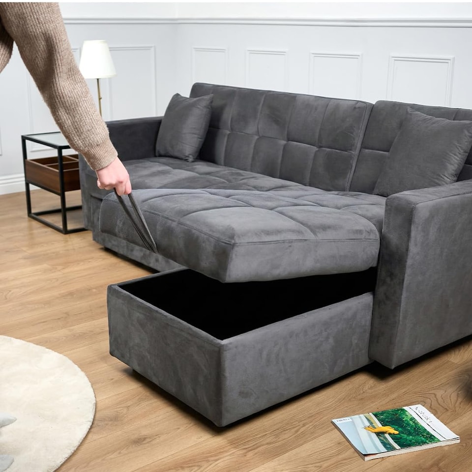 image 1 of Bargainia Milo 3 Seater Velvet Corner Sofa Bed Living Room