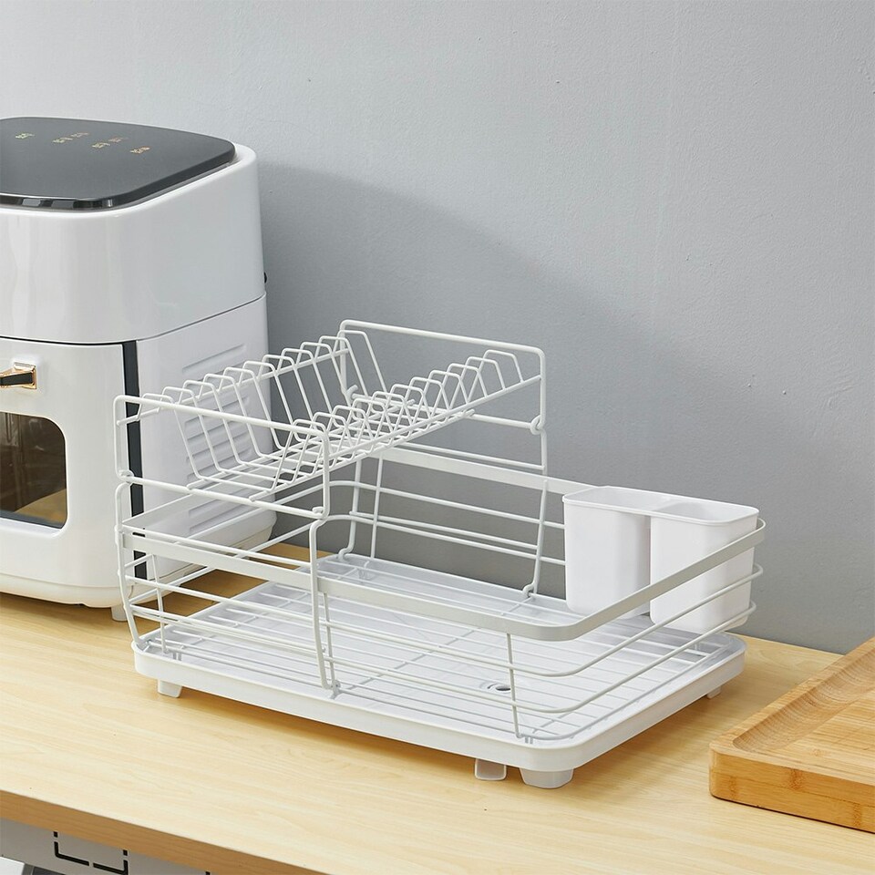 image 1 of Living and Home 2-Tier Metal Dish Rack Drainer with Utensil Holder - White