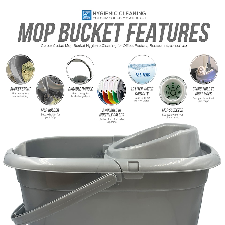 image 1 of Colour Coded Mop Bucket with Removable Wringer 12L Heavy Duty Plastic Cleaning Bucket for Home Kitchen and Catering