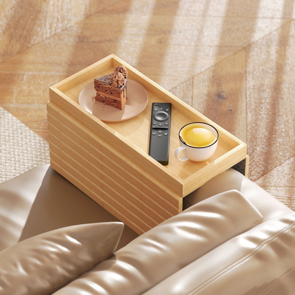 image 1 of HOMCOM Bamboo Sofa Arm Tray, Foldable Anti-Slip Armrest Tray for Drinks