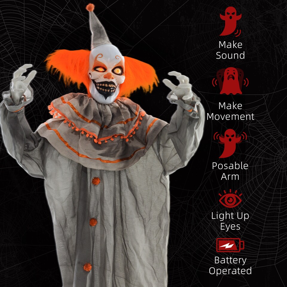 image 1 of HOMCOM 183cm 72 Orange Classic Clown Outdoor Halloween Decoration, Halloween Animatronic with Sound Activated, Light Up Eyes, Sound Effects, Animated Prop for Haunted House