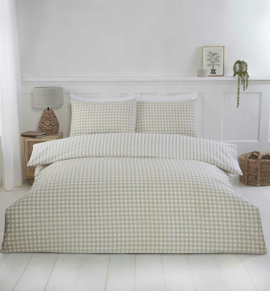 image 1 of Gingham Duvet Cover Set - Single - Natural