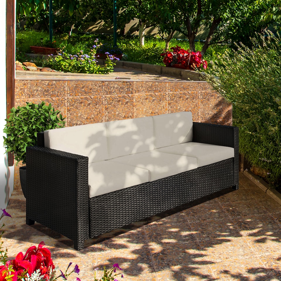 image 1 of Outsunny Rattan Wicker 3-seater Sofa Chair Patio Furniture w/ Cushion Black