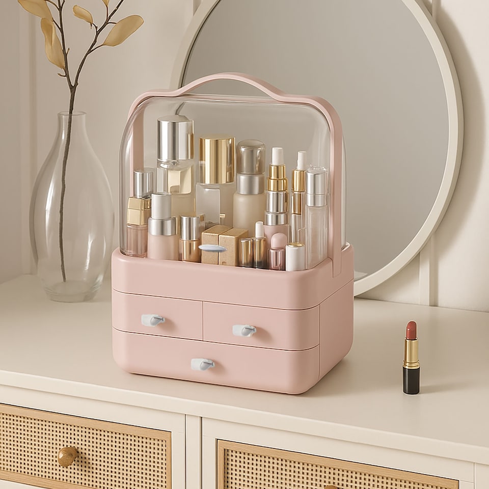 image 1 of Neo Acrylic Makeup Organiser with Lid & Drawers Portable Dustproof Cosmetic Storage Box | White | White | 26.5 x 18.2 x 34.7cm | 1