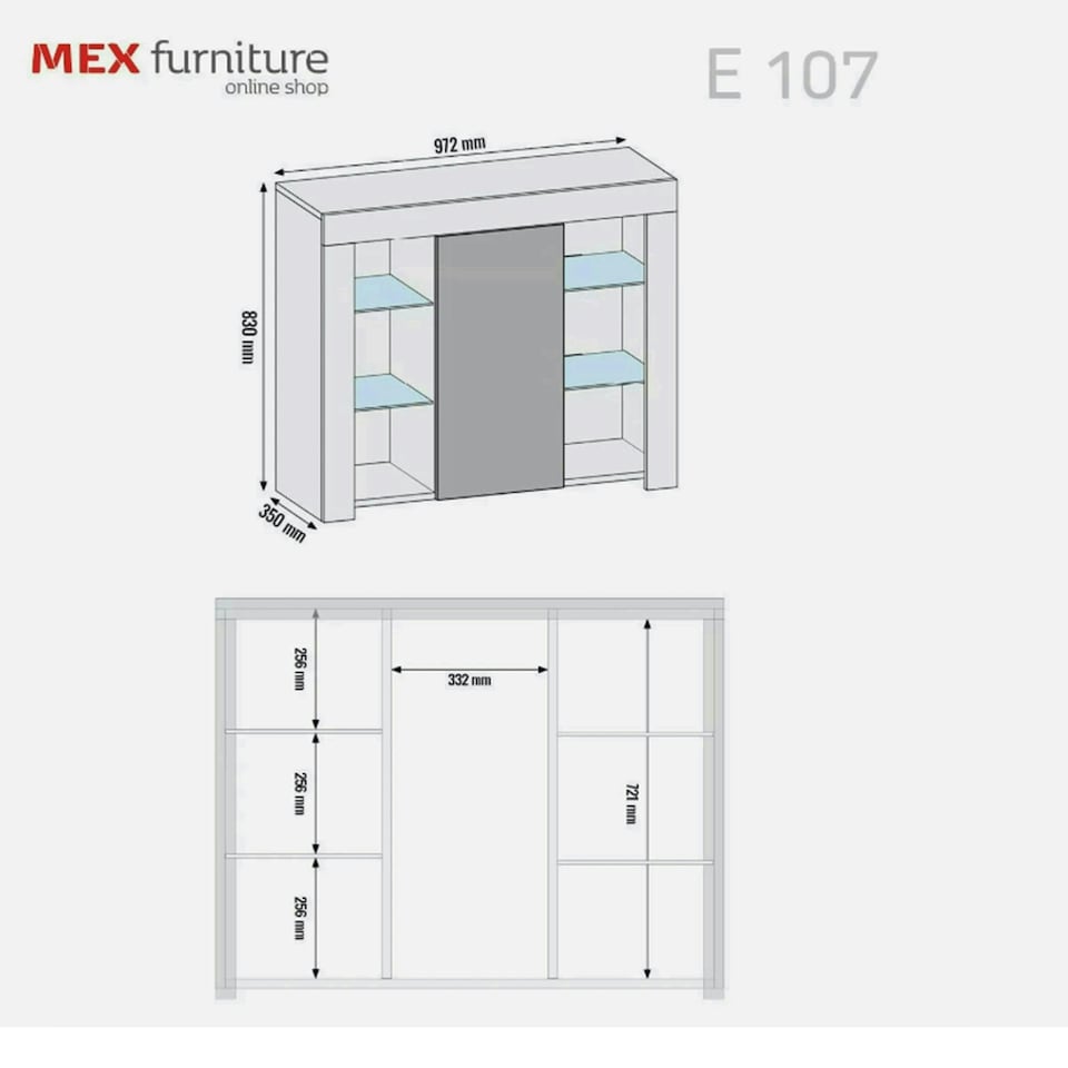image 1 of Sideboard 97.5cm White Gloss Door White Matt Body Glass Shelves Free LED | White