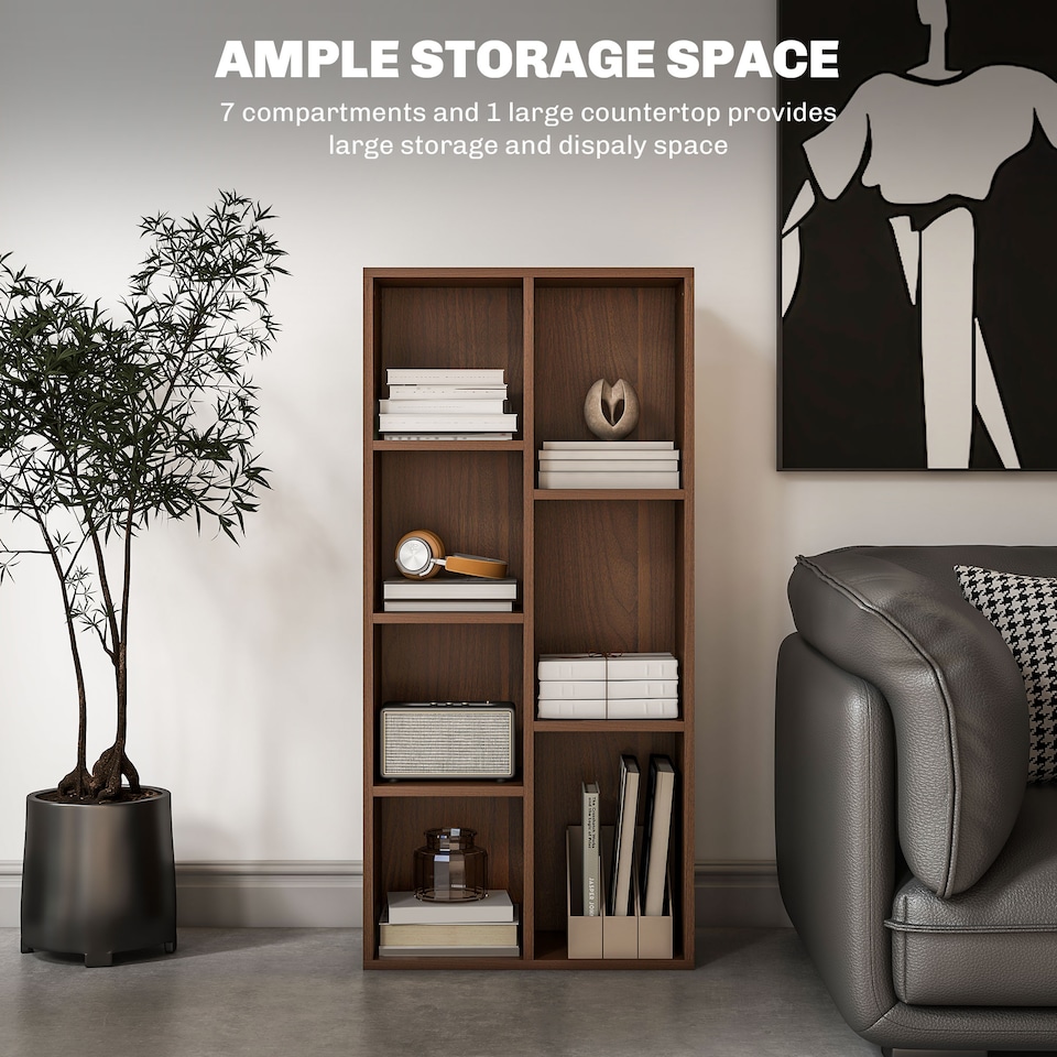 image 1 of HOMCOM 3 Tier Bookshelf, Modern Cube Bookcase with 7 Open Storage Compartments, Freestanding Display Storage Unit for Living Room, Bedroom, Study, Walnut