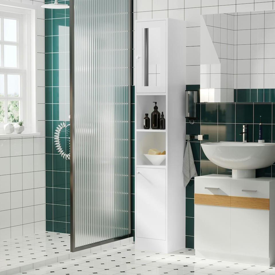 image 1 of kleankin Bathroom Floor Storage Cabinet with Mirror and Shelves Tallboy Unit
