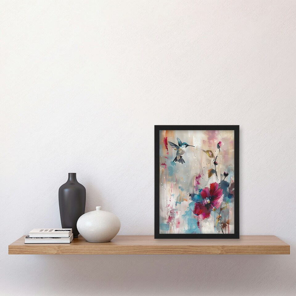 image 1 of Hummingbird Zinnia Flower Blooms Oil Living Room Black Framed Wall Art Print A4