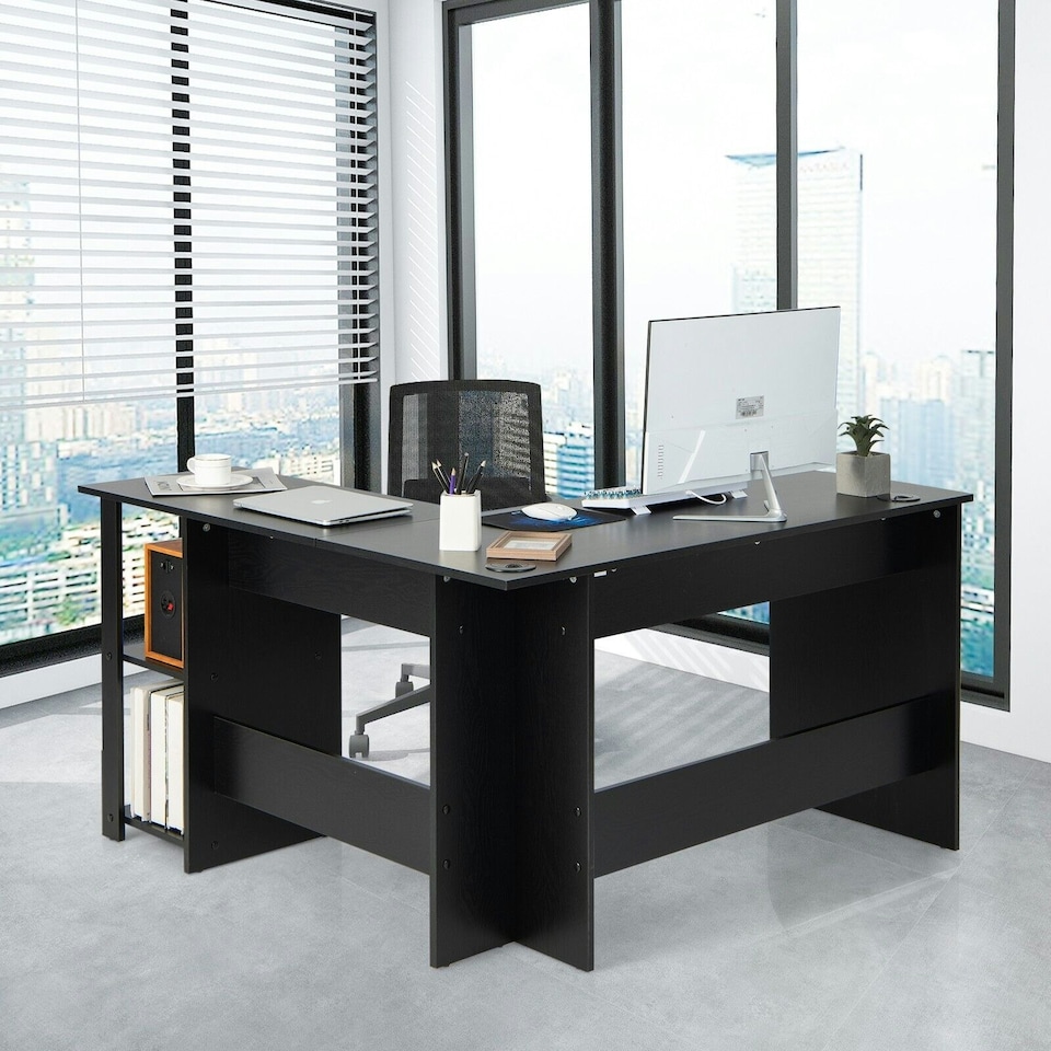 image 1 of COSTWAY L-Shaped Corner Computer Desk Writing Desk Workstation Black