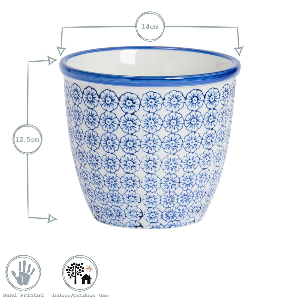 image 1 of Nicola Spring Hand Printed Plant Pot with Saucer - 22cm - Navy Blue