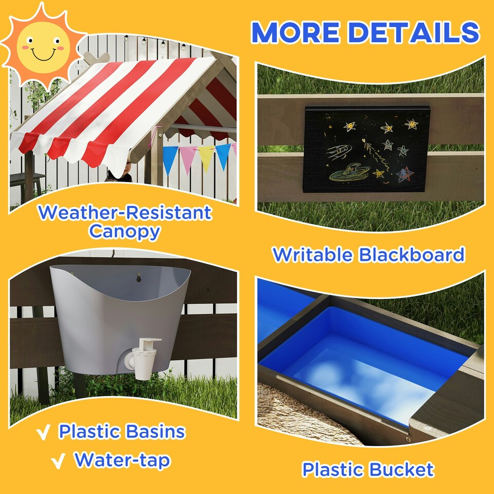 image 1 of Outsunny Sand Pit with Canopy, Blackboard, Toys, Sink, Seats, Flags for Kids