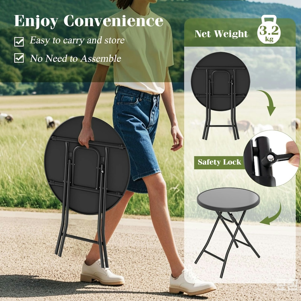 image 1 of COSTWAY Folding Glass Table Portable Patio Coffee Table Black
