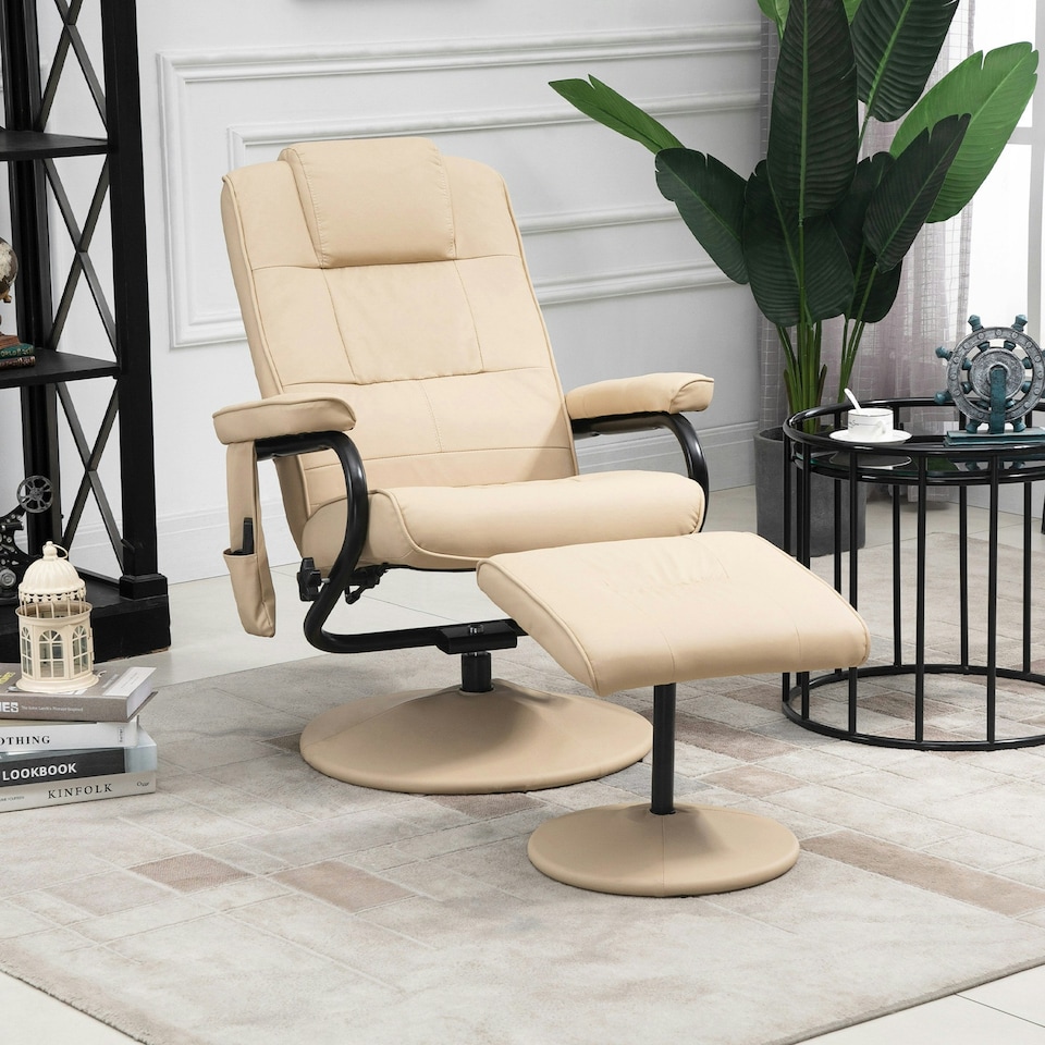 image 1 of HOMCOM Massage Recliner Chair Cushioned Ottoman 10 Point Vibration Cream