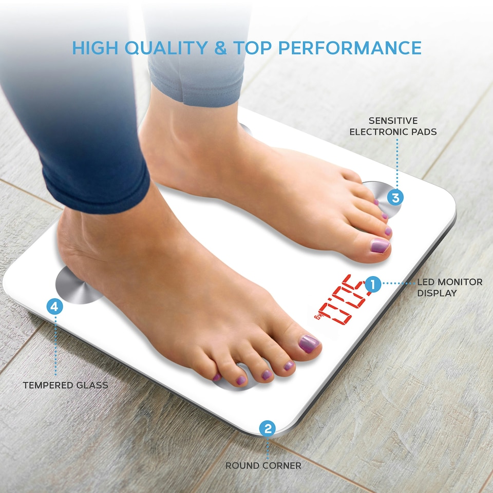 image 1 of Get Fit Smart Bathroom Scales - Monitor Weight Loss Digital Body Weighing Scale, Connect to IOS/Android via Bluetooth with APP, LCD Display, Auto On/Off - White