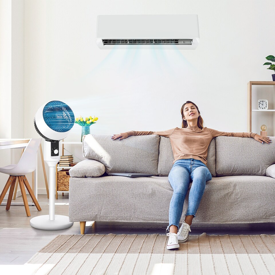 image 1 of HOMCOM 9 Pedestal Fan, 70 Oscillation 90 Vertical Tilt Oscillating Air Circulator with 3 Speeds, Standing Fan for Home Office, Bedroom, White and Black