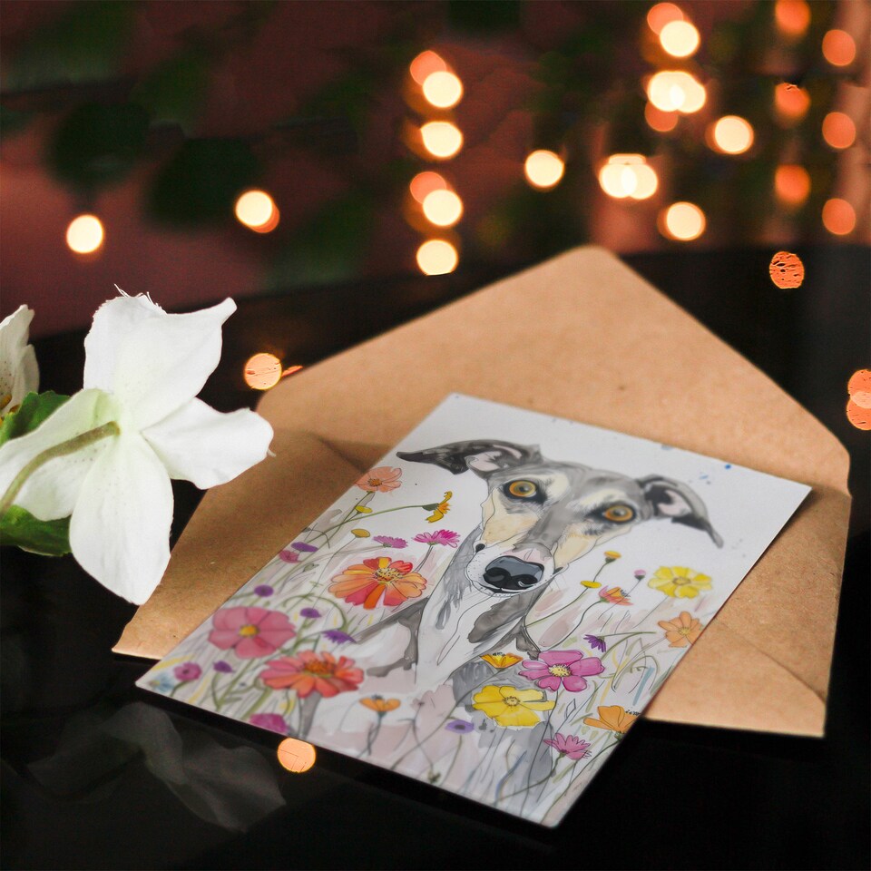 image 1 of Greeting Card Cute Whippet in Wildflowers Dog Lover Watercolour